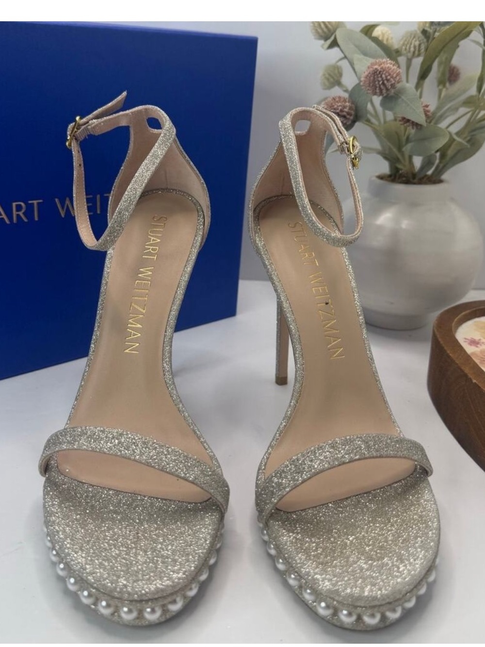 Stuart Weitzman Silver Glitter Pearl-Trim High Heel Sandals 8 B - Picture 3 of 9